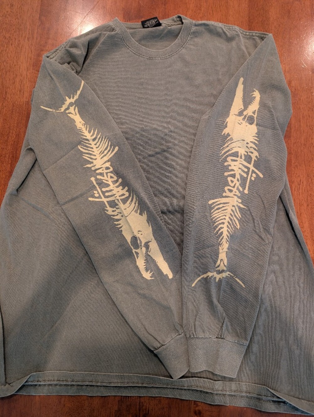 Stussy Men's Long Sleeve Crew Shirt Fish Bones Pigment Dyed Green L Large